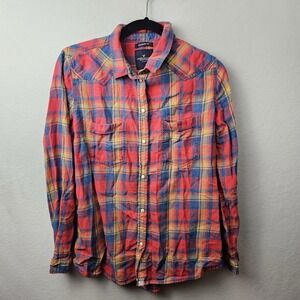 American Eagle Shirt Woman's Size Large Red Orange Blue Plaid Long Sleeve Snap